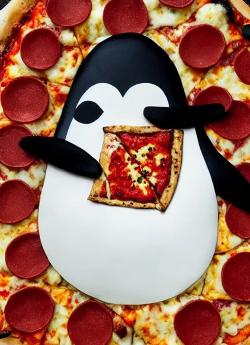 Image similar to a penguin eating a slice of pizza