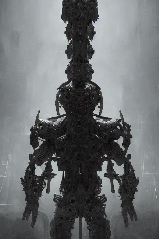 Prompt: Techno-God is an ancient mechanical gray giant chaotic horned humanoid, digital art, 8k, hyperrealism, high detail, ray tracing, concept art, octane render, Michal Karcz style