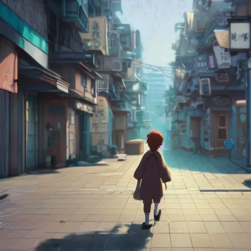 Image similar to a wholesome animation key shot of a person walking in the streets being knocked down by the wind, medium shot, waist up, studio Ghibli, Pixar and Disney animation, sharp, Rendered in Unreal Engine 5, anime key art by Greg Rutkowski, Bloom, dramatic lighting