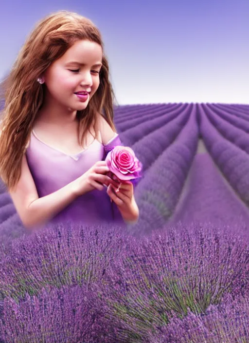 Image similar to girl eating a rose in a lavender field. by AquaSixio, hyperrealistic illustration, digital art, 4k, very detailed faces