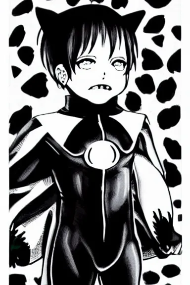 Image similar to attractive little boy in black cat suit with cape, black and white artwork made by boichi,
