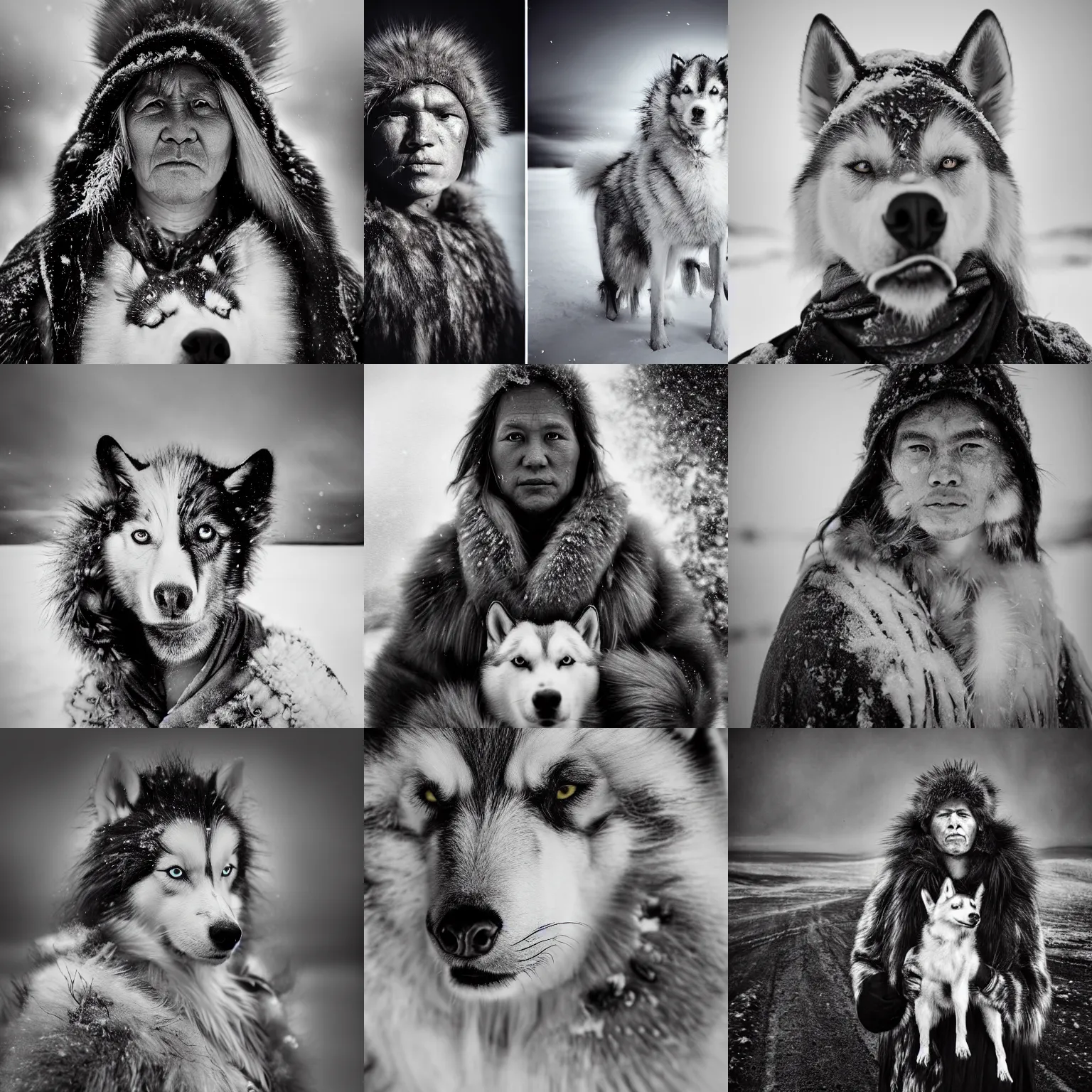 Prompt: Award Winning reportage Full-body Portrait of a Early-medieval weathered native Inuits in the snow with incredible hair and beautiful eyes wearing animal furs and traditional garb with a white husky dog by Lee Jeffries, 85mm ND 4, perfect lighting, gelatin silver process