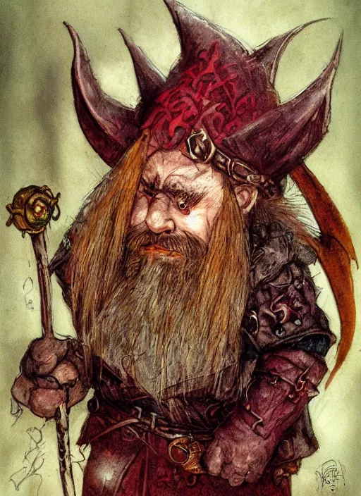 Prompt: portrait of dwarf wizard, beautiful! coherent! dungeons and dragons character, by brian froud, strong line, deep color, chainmail, short red hair, high contrast