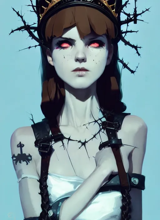 Image similar to cute goth maiden girl with crown of thorns and white short hairs, dressed in leather belts, warhammer, cyberpunk, by atey ghailan, by greg rutkowski, by greg tocchini, by james gilleard, by joe gb fenton, by kaethe butcher, dynamic lighting, gradient light blue, brown, blonde cream and white color in scheme, grunge aesthetic