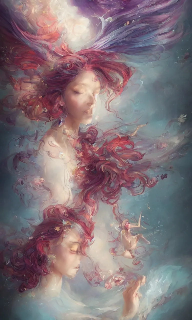 Prompt: a colorful and provenance illustrations painting of the fantasy female with a floral wings, detailed, highly detailed, her hair made of hair made of air wind and curling smoke, mist, dust, genie, spirit fantasy concept art ， art by charlie bowater and greg rutkowski, trending on artstation.