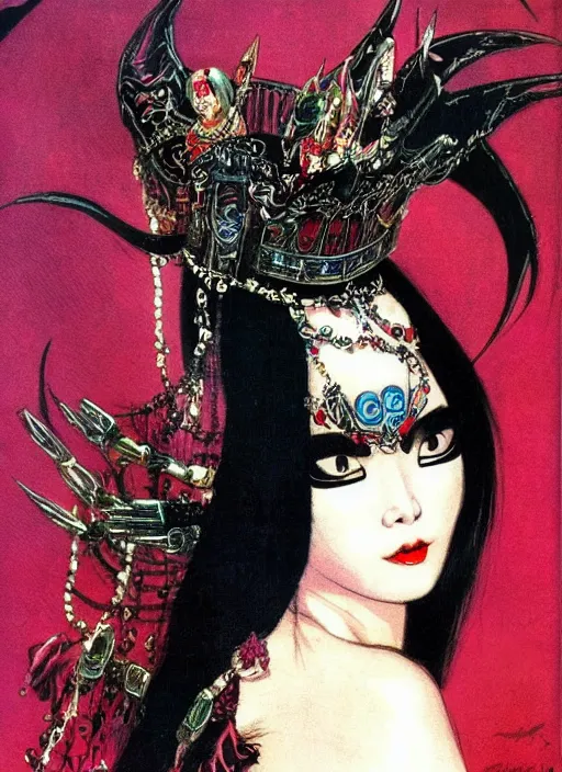 Image similar to svelt female korean vampiress, jeweled headdress, heavy mascara, strong line, saturated color, beautiful! coherent! by frank frazetta, high contrast, minimalism