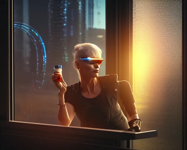 Image similar to a terminator cyborg lady with borg implants and optical fibers is drinking coffee near a window with dystopian city visible outside. very detailed 8 k. cyberpunk style. unreal engine render. global illumination. nanite. rtx. path tracing.