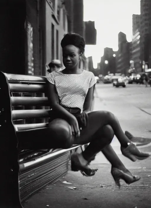 Image similar to a 35mm photograph of a woman sitting on a bench in Harlem, New York City in the 1960's at sunset, bokeh, Canon 50mm, cinematic lighting, photography, retro, film, Kodachrome, award-winning, rule of thirds, golden hour