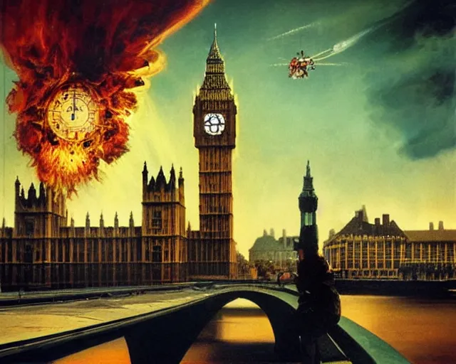 Image similar to big ben destroyed by a powerful juice explosion, painting by frank frazetta, 3 d rendering by beeple, wlop