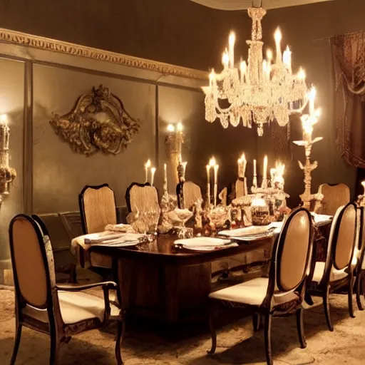 Image similar to dining room in a dark mansion, realistic, highly detailed, rests of food, candle lighting, rosemary's baby