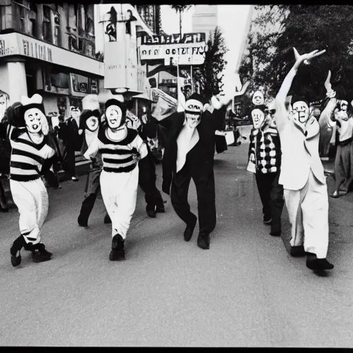 Prompt: gang of 1950s clowns protesting in the streets, shot on point and shoot camera