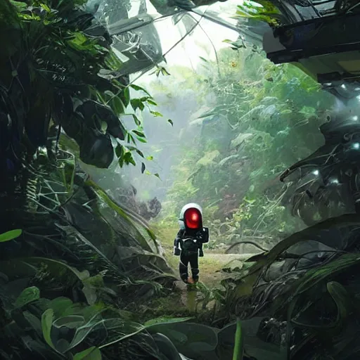 Prompt: view of a future cosmonaut with helmet having cybernetics and wirings exploring a jungle, trending on artstation, art by rossdraws and greg rutkowski, global illumination