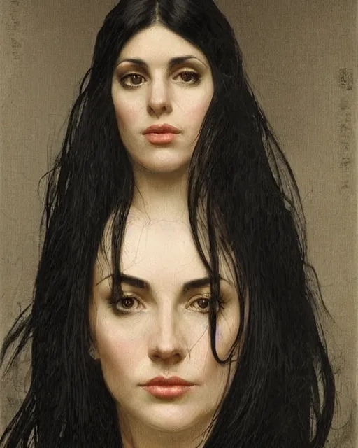 Prompt: portrait of a tall 4 0 - year - old woman with thin lips, long, lush black hair gathered on the head, and thick eyebrows, wearing in black clothes, aristocratic appearance, hyper realistic face, beautiful eyes, close up, fantasy art, in the style of greg rutkowski, intricate, alphonse mucha, hyper detailed, smooth