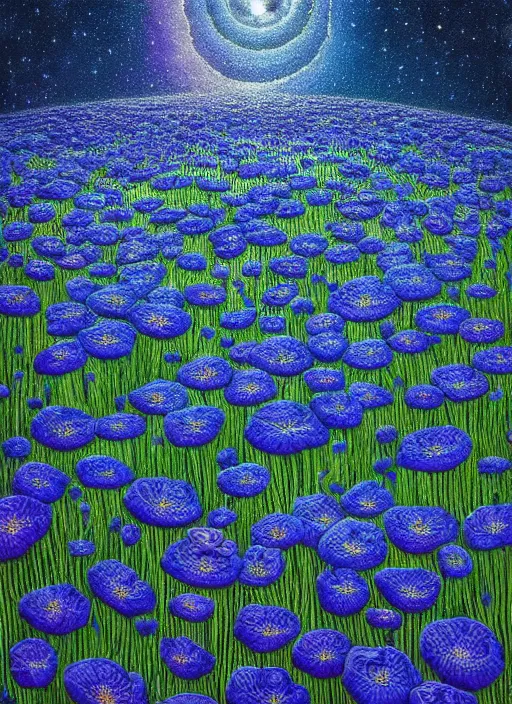 Image similar to detailed, intricate blue black and purple papaverum flower on the field, nebula, galaxy in the sky, winning award masterpiece, fantastically beautiful, illustration, aestheticly inspired, jacek yerka, upscale with anguissola sofonisba work, artstation, 8 k