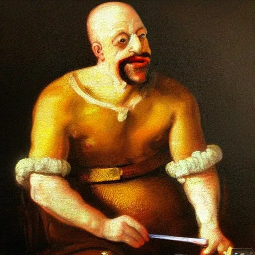 Prompt: a portrait of homer simpson in the style of rembrandt, high quality, painting, oil