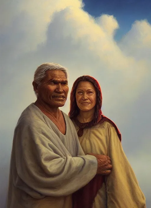 Image similar to portrait of an indigenous grandfather and grandmother in the clouds, smiling, protection, benevolence, ancestors, art by christophe vacher