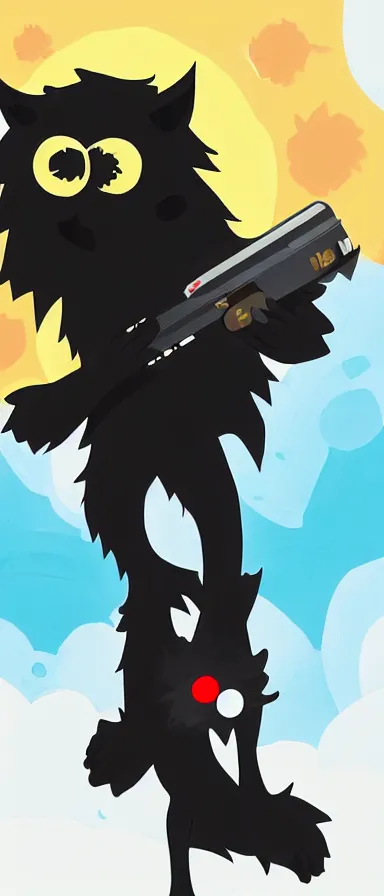 Image similar to “ furry monster character holding laser gun, floating alone, with a black dark background, digital art, award winning, trending on art station ”