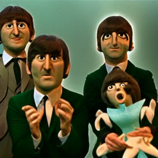 Prompt: stills from the beatles movie in puppets by gerry anderson, vintage film, 1 9 6 0 s