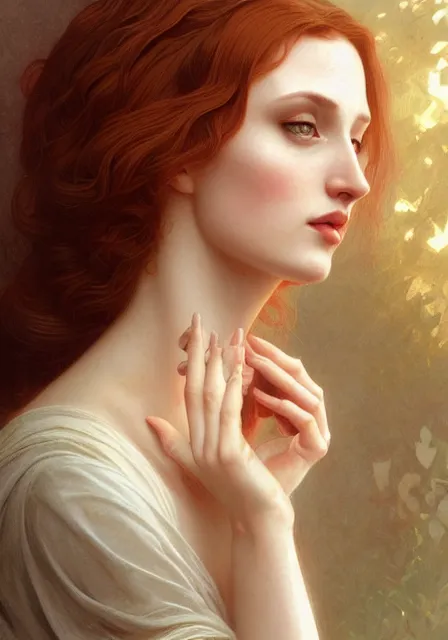 Image similar to sansa angeline jolie, intricate, elegant, highly detailed, digital painting, artstation, concept art, smooth, sharp focus, illustration, art by artgerm and greg rutkowski and alphonse mucha and william - adolphe bouguereau