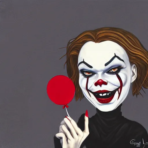 Image similar to grunge cartoon painting of margot robbie with a wide smile and a red balloon by chris leib, loony toons style, pennywise style, corpse bride style, horror theme, detailed, elegant, intricate