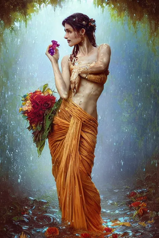 Image similar to portrait of a beautiful woman wearing a sari dress, holding a bouquet of flowing flowers, drenched body, wet dripping hair, emerging from the water, fantasy, regal, fractal crystal, fractal gems, by ross tran stanley artgerm lau, greg rutkowski, thomas kindkade, alphonse mucha, loish, norman rockwell