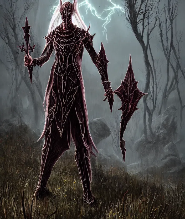 Prompt: A Dark Elf Dunmer named Divayth Fyr in Daedric armor with long white hair and glowing red eyes travels in the rain through the Morrowind wilds, Hyper realism, character portrait, dnd avatar, glow, runes, magic, morrowind, Skywind, Oblivion, Skyrim, dark, gloomy, House Telvanni, grass, trees, swamp