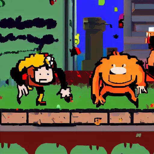 Image similar to among us game character fighting a fall guys
