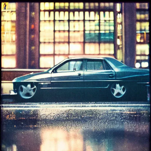 Prompt: 1990s perfect 8K HD professional cinematic photo of a car in dystopian world, at evening during rain, at instagram, Behance, Adobe Lightroom, with instagram filters, depth of field, taken with polaroid kodak portra