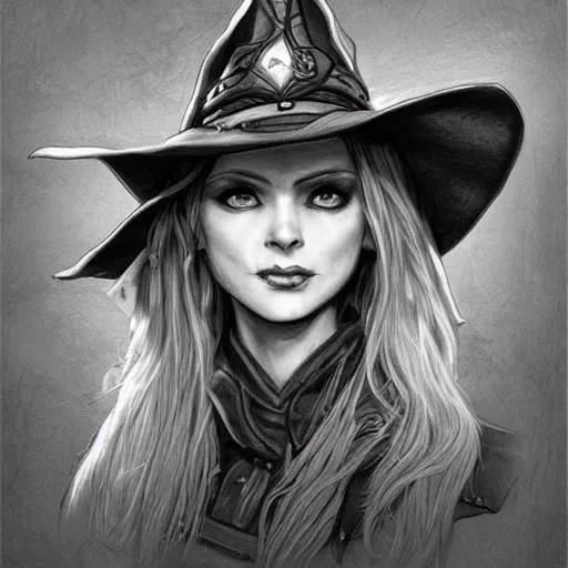 Image similar to beautiful cowboy witch, wild west, dungeons and dragons art, detailed, concept art, pencil drawing, trending on artstation