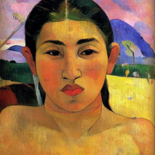 Prompt: very attractive and sensuous central asian woman realistic, full body, natural style by paul gauguin