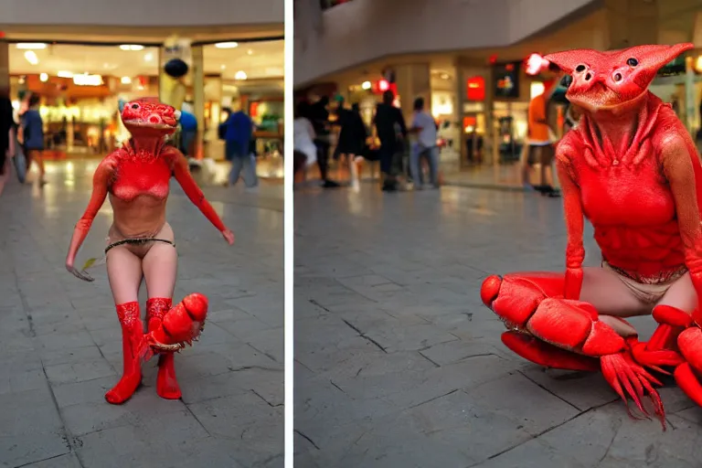 Image similar to woman dressed up like a cute crab, in 2 0 0 2, at a mall, street style, royalcore, low - light photograph, photography by tyler mitchell