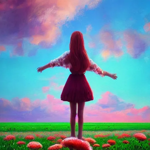 Prompt: head made of carnations flower, girl standing in the middle of a flower field, surreal photography, sunrise dramatic light, impressionist painting, colorful clouds, digital painting, artstation, simon stalenhag, flower face