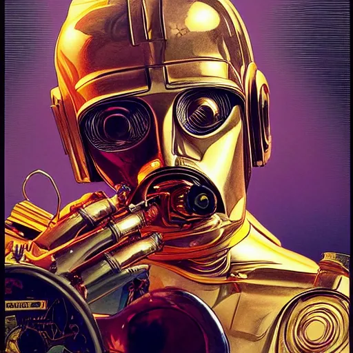 Image similar to c 3 po smoking crack cocaine by mcfarlane, alphonse mucha, artgerm and greg rutkowski and magali villeneuve. realistic.