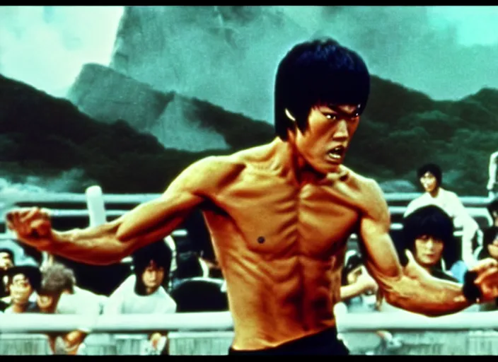 Prompt: Bruce Lee vs. Godzilla, kaiju eiga, tokusatsu, kung-fu, martial arts, 70s color film, vintage movie, digitally remastered