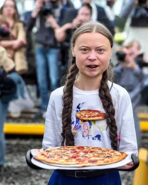 Prompt: film still close - up shot of greta thunberg giving a speech in a train station eating pizza, smiling, the sun is shining. photographic, photography