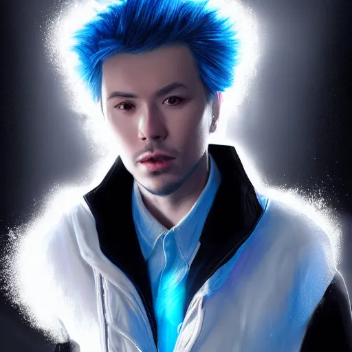 Prompt: rimuru tempest as ilya kovshinov, highly detailed, professional digital painting, concept art, extreme illustration, unreal engine 5, photorealism, hd quality, 8 k, black jacket with high collar, cinematic, art by andy warhol, artgerm, yoshitaka amano, color block