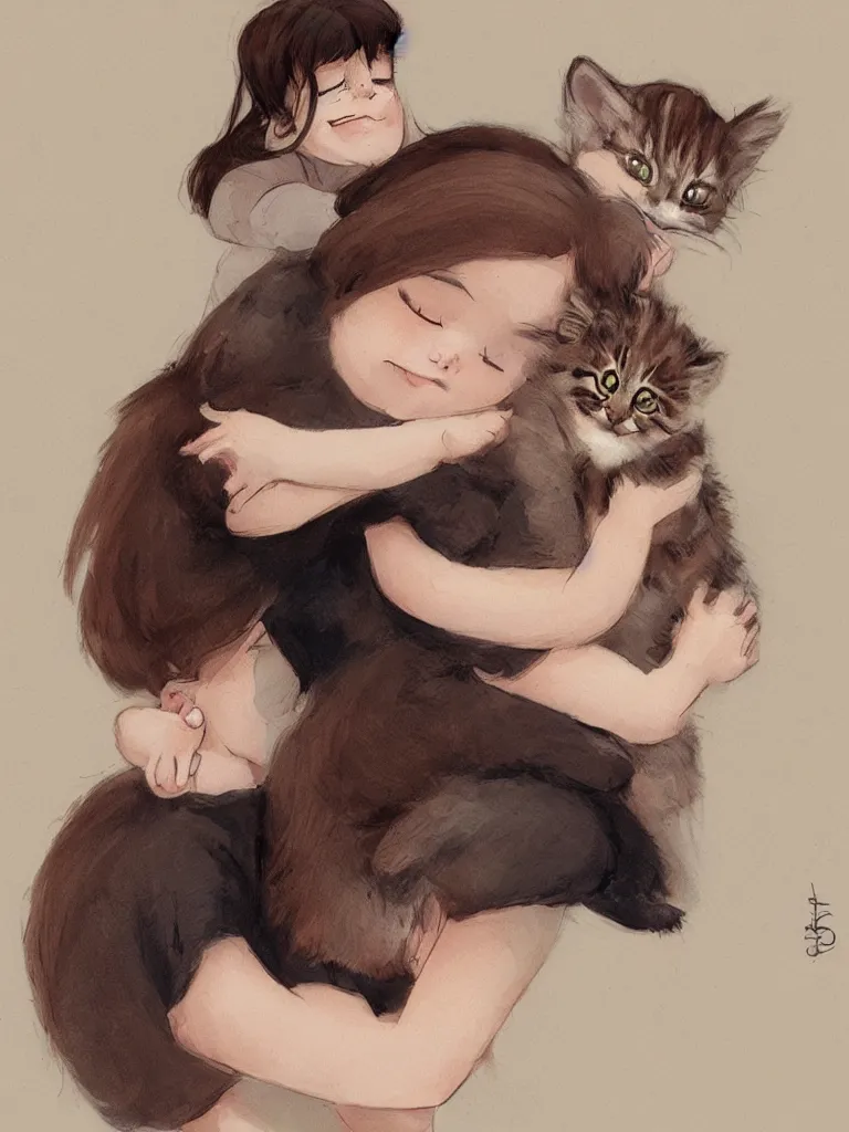 Image similar to girl hugging kitten by disney concept artists, blunt borders, rule of thirds