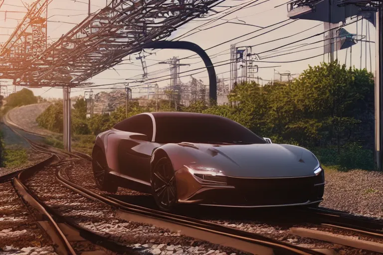 Image similar to HD luxury render of a car made of deep fried spaghetti on train tracks, product photo, rendered in unreal engine 6, clean luxury sports car, spaghetti, 4k