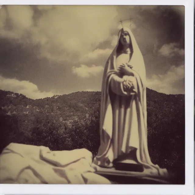 Image similar to vintage polaroid of white mother mary statue crying blood, pictured close and slightly from below, sky with clouds in background