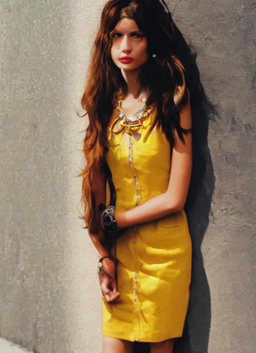 Prompt: portrait photo of a beautiful brown hair woman in a yellow sun dress in downtown Los Angeles, fashion editorial, fashion magazine, by Terry Richardson