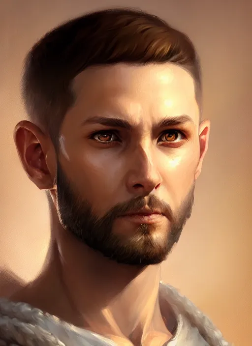 Prompt: a _ fantasy _ style _ portrait _ painting _ of light brown male short hair defined face big ears, rpg dnd oil _ painting _ unreal _ 5 _ daz. _ rpg _ portrait _ extremely _ detailed _ artgerm _ greg _ rutkowski _ greg
