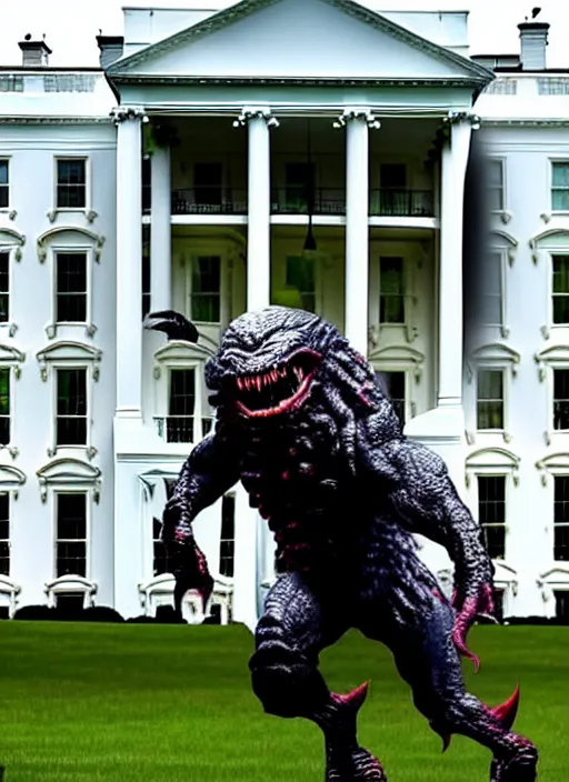 Prompt: joe biden is running terrified from a monster from predator that is chasing him on the white house lawn during a storm