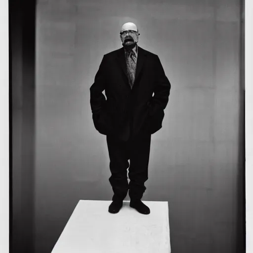 Prompt: walter white from back sitting on chair standing on top of the empire state building strong stance photo by annie leibovitz