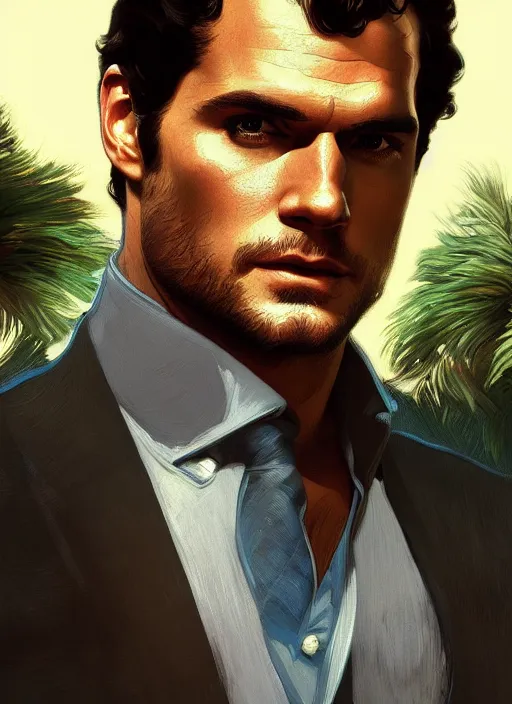 Prompt: portrait of henry cavill as james bond, fire, cold color pallet, key art, palm trees, aston martin, highly detailed, digital painting, artstation, concept art, cinematic lighting, sharp focus, illustration, by gaston bussiere alphonse mucha