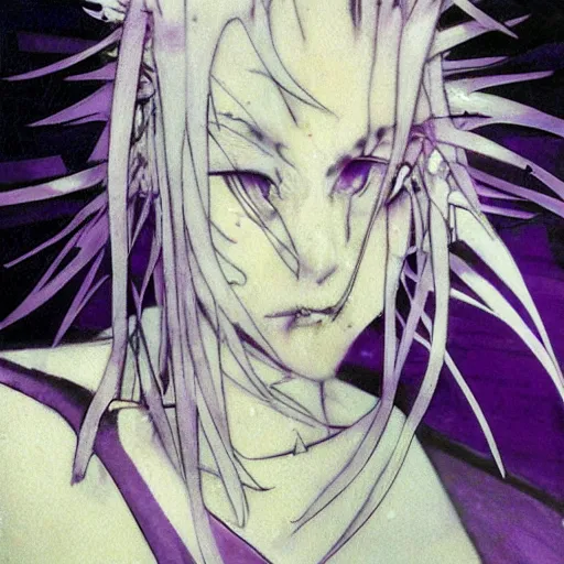 Prompt: yoshitaka amano blurry illustration of an anime girl with white hair and cracks on her face wearing dress suit with tie fluttering in the wind, purple color palette, abstract black and white patterns on the background, upside down cross earring, noisy film grain effect, highly detailed, renaissance oil painting, weird portrait angle