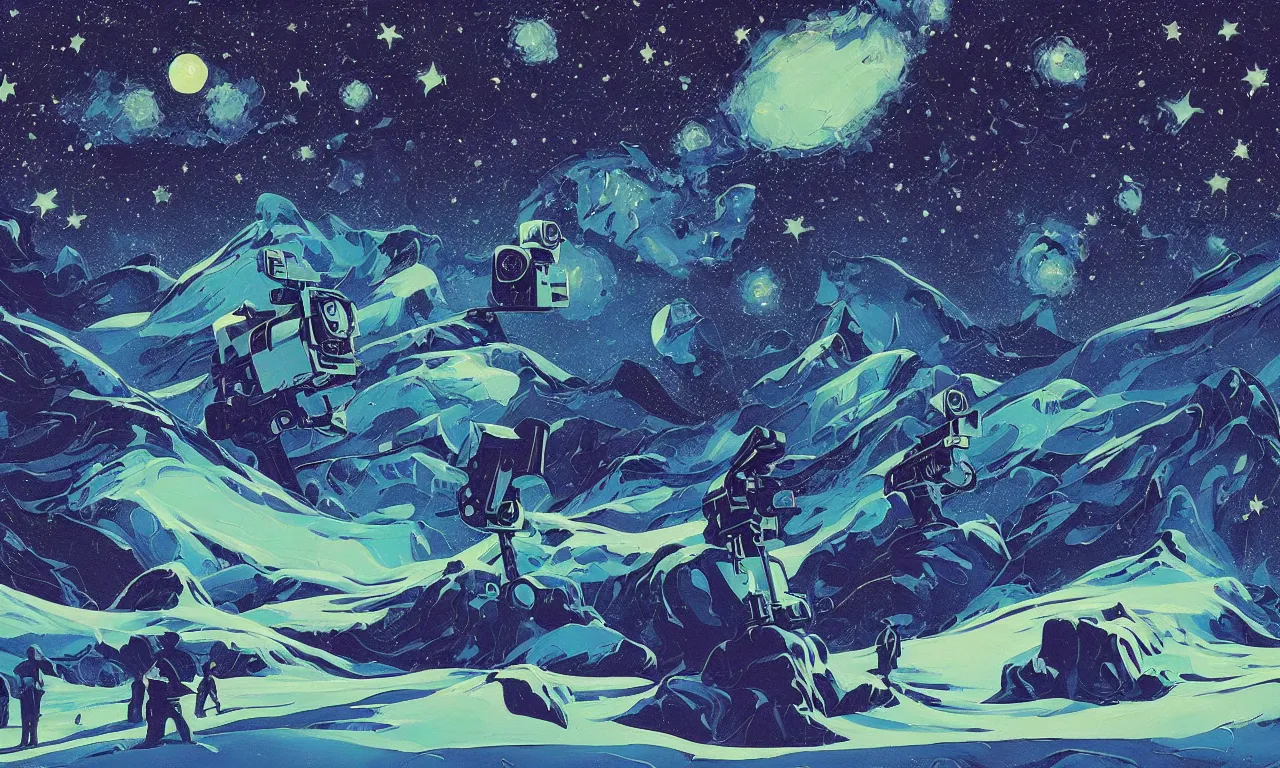 Prompt: A beautiful painting of a camera floating among stars, trending on Artstation, by Eyvind Earle and Dan Mumford