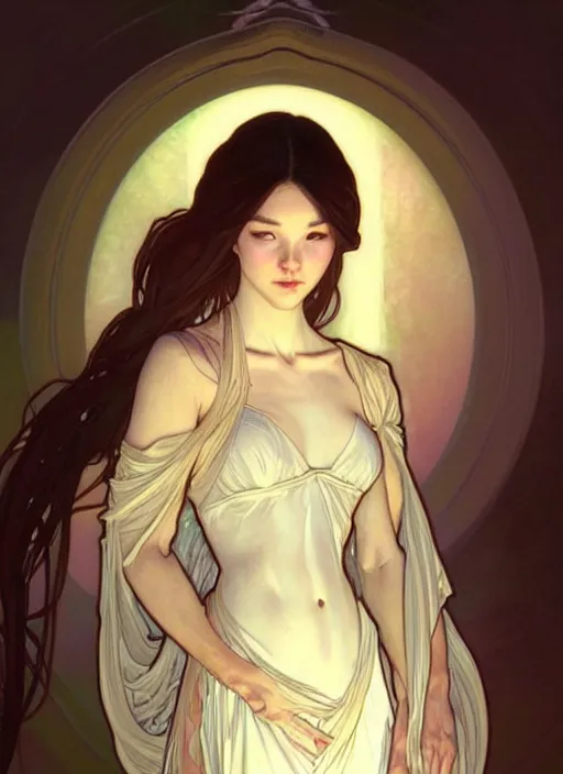 Image similar to digital character concept art by artgerm and greg rutkowski and alphonse mucha. clear portrait of a young wife blessed by god to uncontrollably become overwhelmingly perfect!! asian, fully clothed!!!, super feminine holy body!! light effect. hyper detailed, glowing lights!! intricate, elegant, digital painting, artstation, smooth, sharp focus