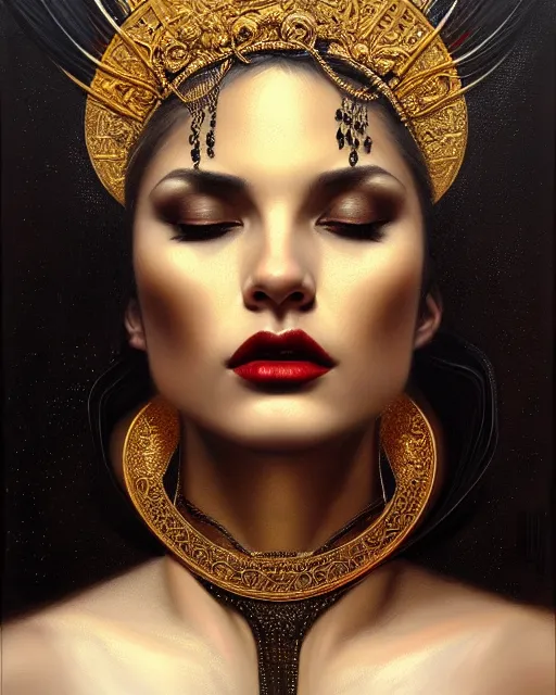 Image similar to portrait of a beautiful goddess, enigmatic beauty, dominant shades of black, gold, silver, dark red, white, head in focus, fantasy art, ornamental aesthetics, intricate, elegant, highly detailed, hyperrealistic painting, artstation, concept art, painterly, sharp focus, illustration, art by karol bak