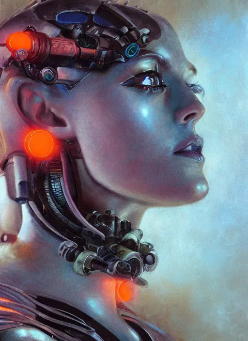 Prompt: ( ( symmetry ) ) closeup portrait of a stunning cyborg girl crying in tears, armor set, strong cinematic light, backlit, teal orange, viscous volumetric smoke, mist, by gerald brom, by mikhail vrubel, by peter elson, muted colors, extreme detail, trending on artstation, 8 k