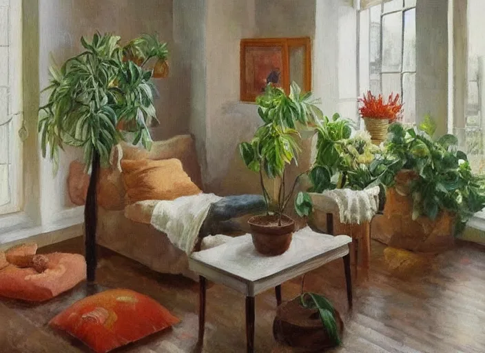 Image similar to a warm painting of a room interior, calm, relaxing, cosy, warm light, warm color scheme, houseplants, fresh flowers, oil on canvas